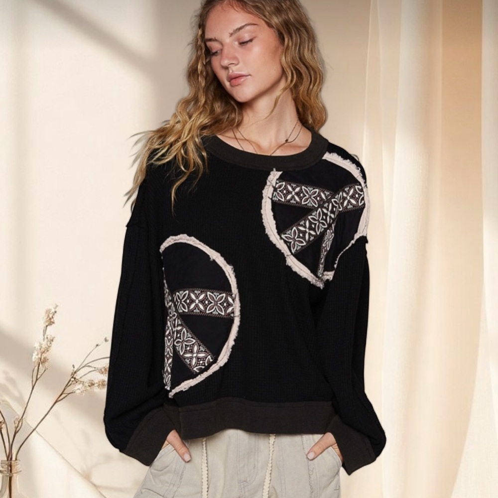 POL Black Boho Peace Sign Patch Sweater | Relaxed Fit Patchwork Top - Picture 5 of 7